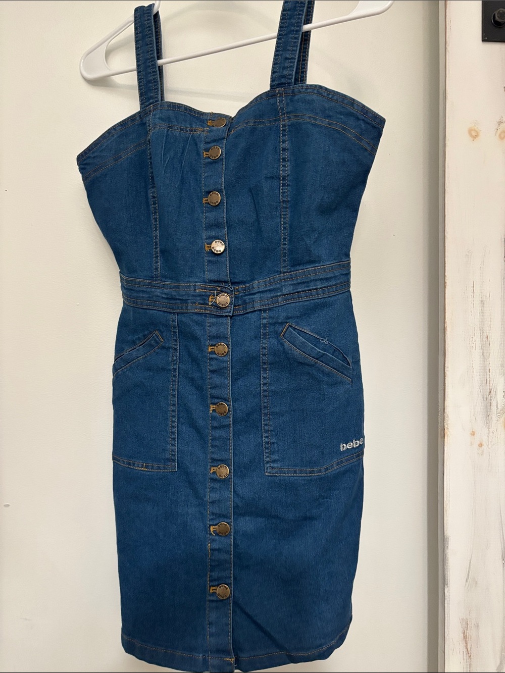bebe Dark Blue Denim Button-Front Midi Dress